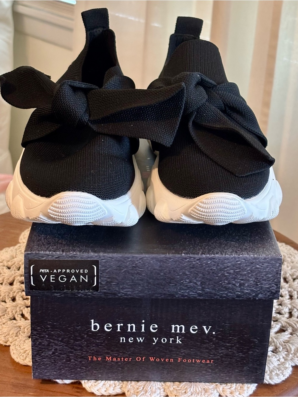 bernie mev. Black Knit Bow Slip-On Sneakers with White Soles